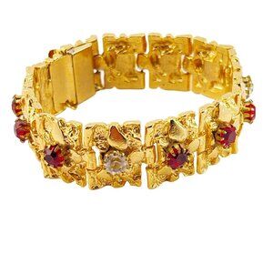 Gold Plated Textured Heavy Link Bracelet with Red and Clear Rhinestones 1960s
